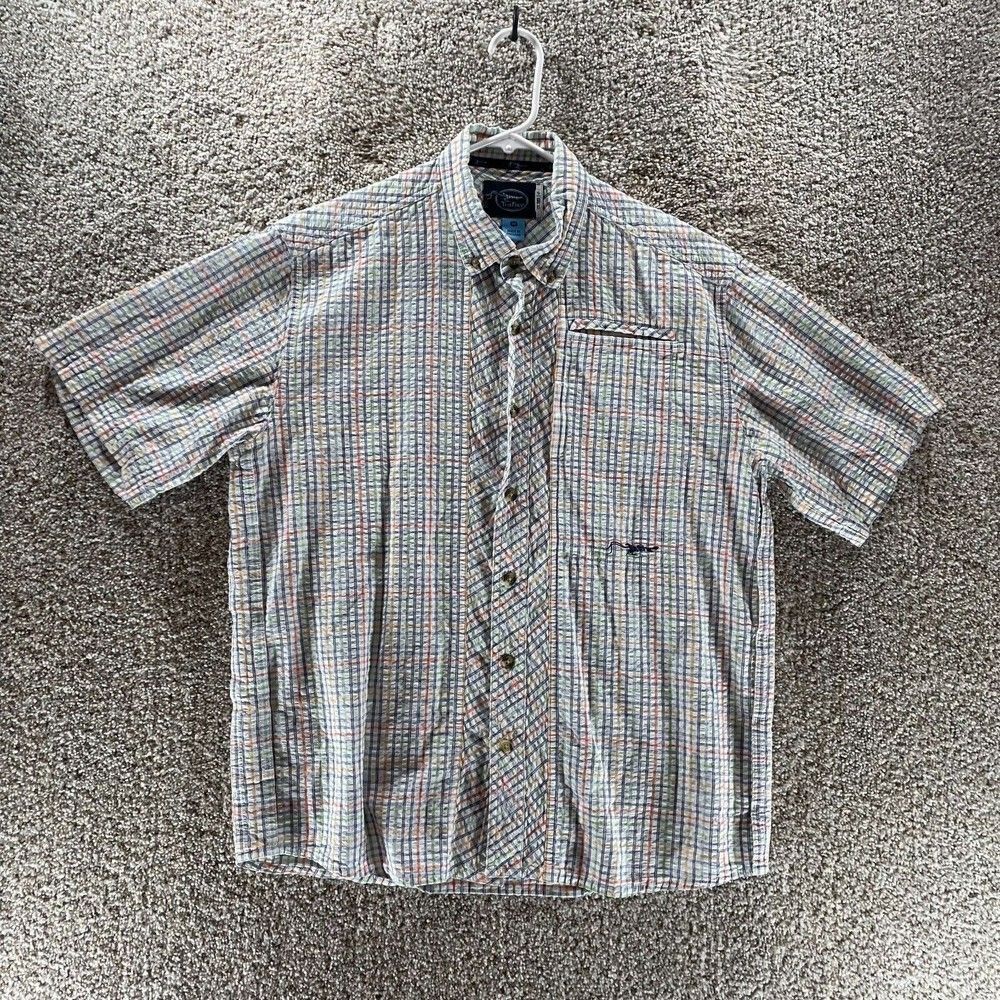 True Flies Shirt Adult‎ Medium White Check Seersucker Button Up Outdoor Fishing
